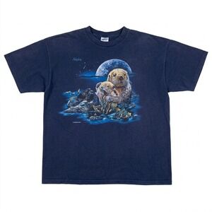 VTG 90s Habitat Sea Otter T Shirt Alaska Moon Nature XXL Blue Gildan Heavyweight